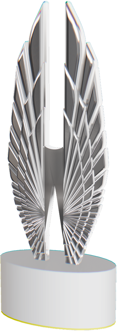 Silver wing-shaped trophy on a white oval base