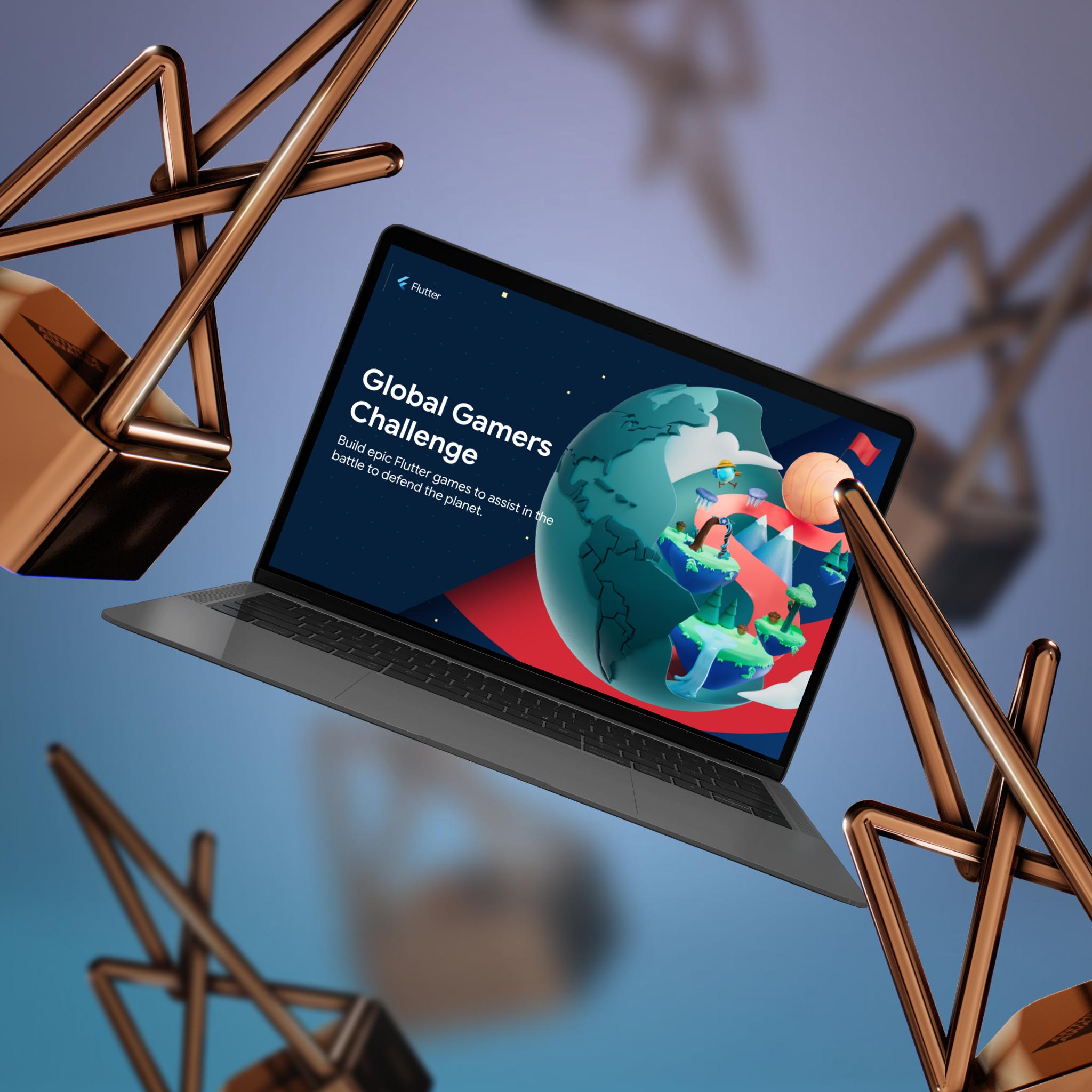 Laptop showing the Global Gamers Challenge landing page, framed by bronze sculptural shapes