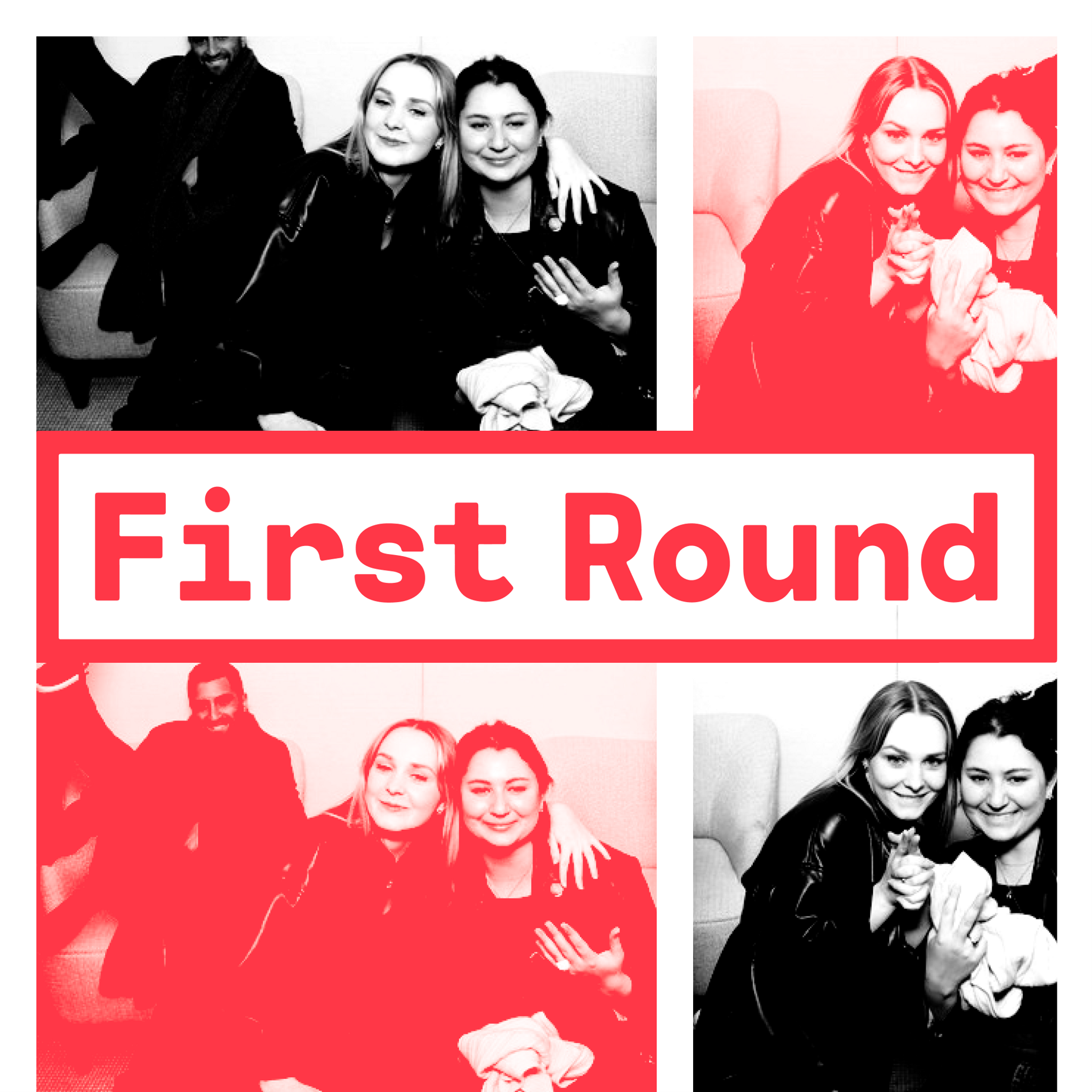 First Round logo over photo-booth portraits of attendees, half in red duotone