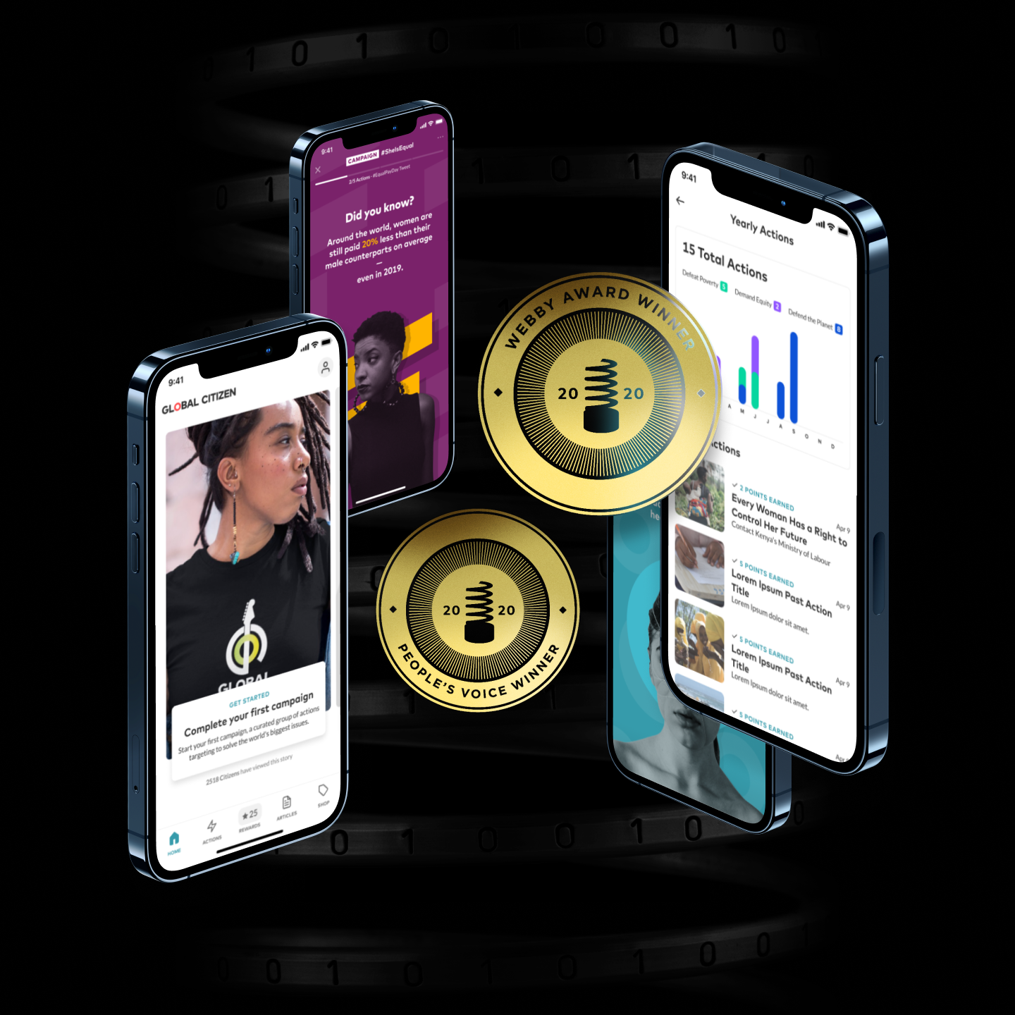 Global Citizen app screens with two gold 2020 Webby award medals