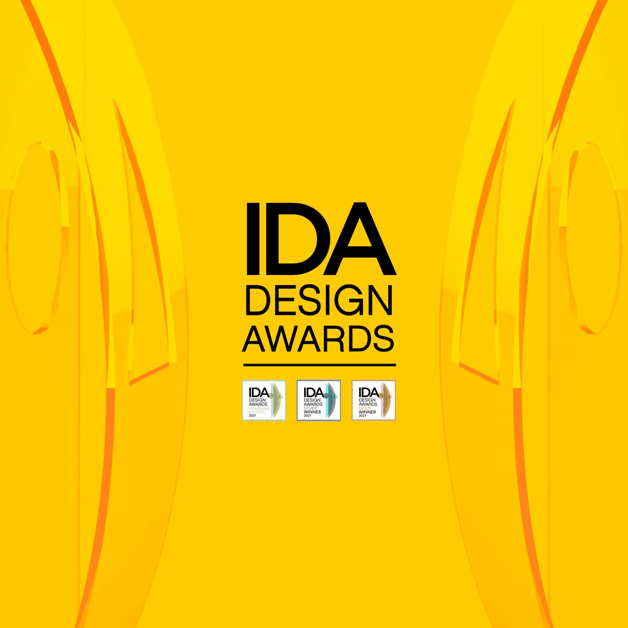 IDA Design Awards logo with 2021 Honorable Mention, Silver Winner and Gold Winner badges