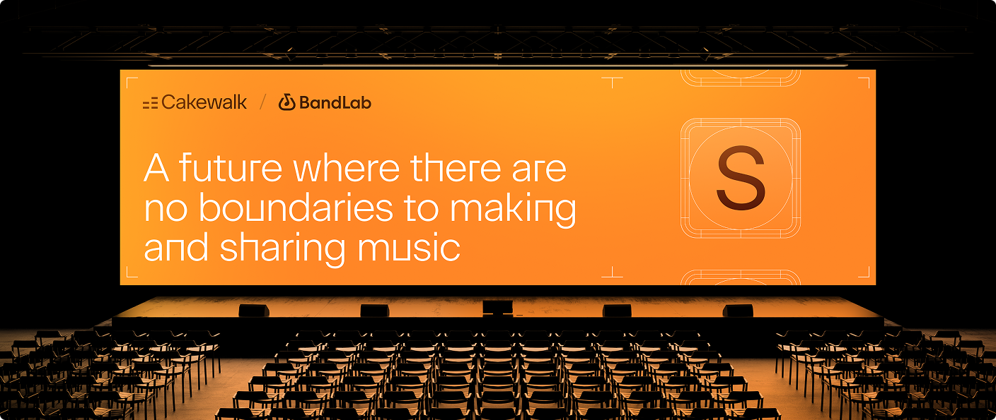 Auditorium screen with the Cakewalk and BandLab slide about making and sharing music