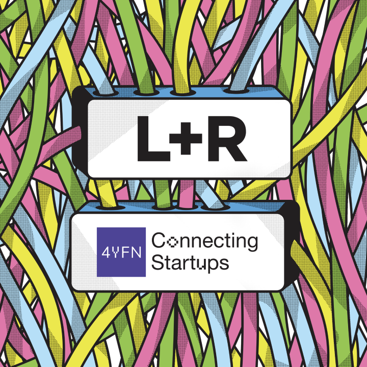 L+R and 4YFN Connecting Startups logos over colourful tangled lines.
