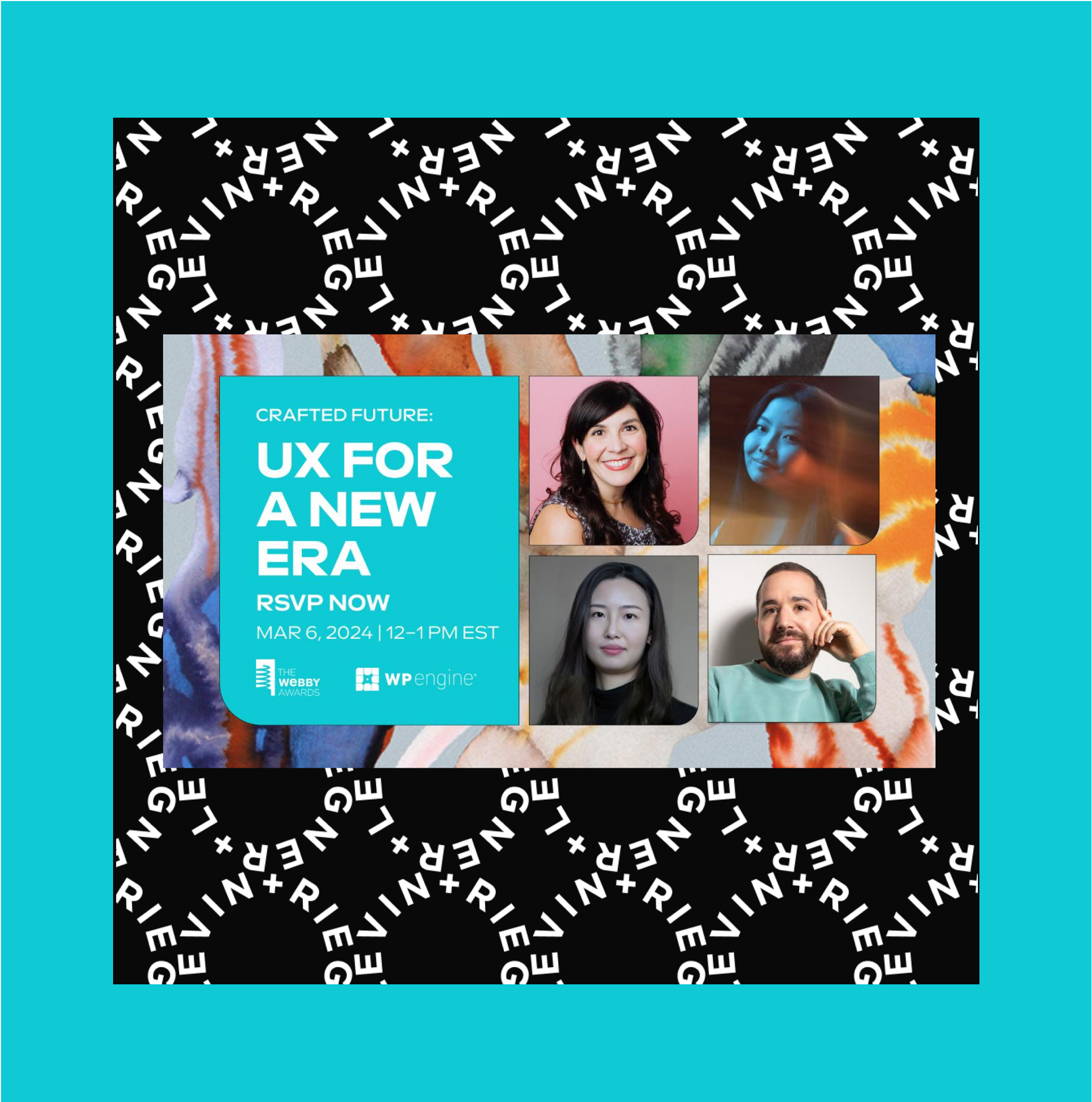 "Crafted Future: UX for a New Era" panel card with four speaker headshots, in an L+R patterned frame