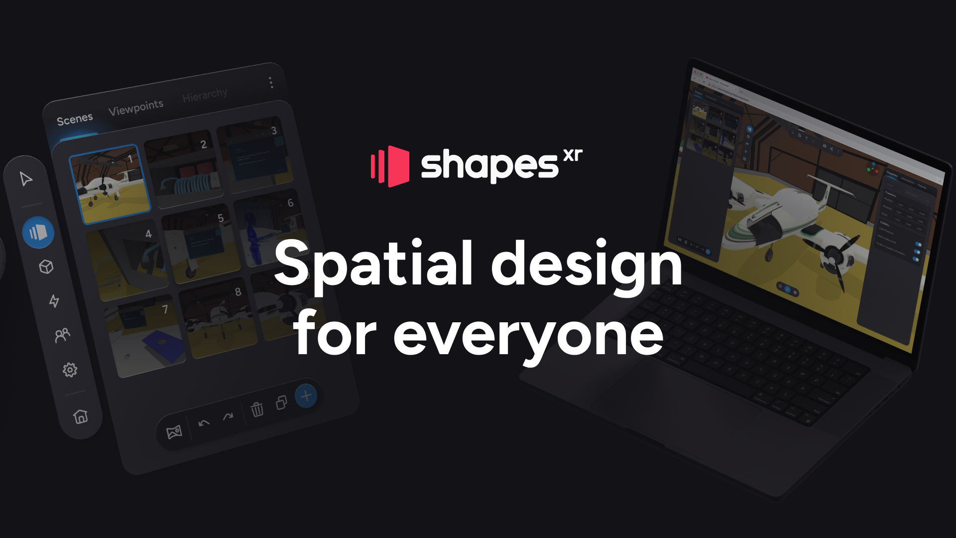 ShapesXR promotional graphic reading "Spatial design for everyone", with headset and laptop UI