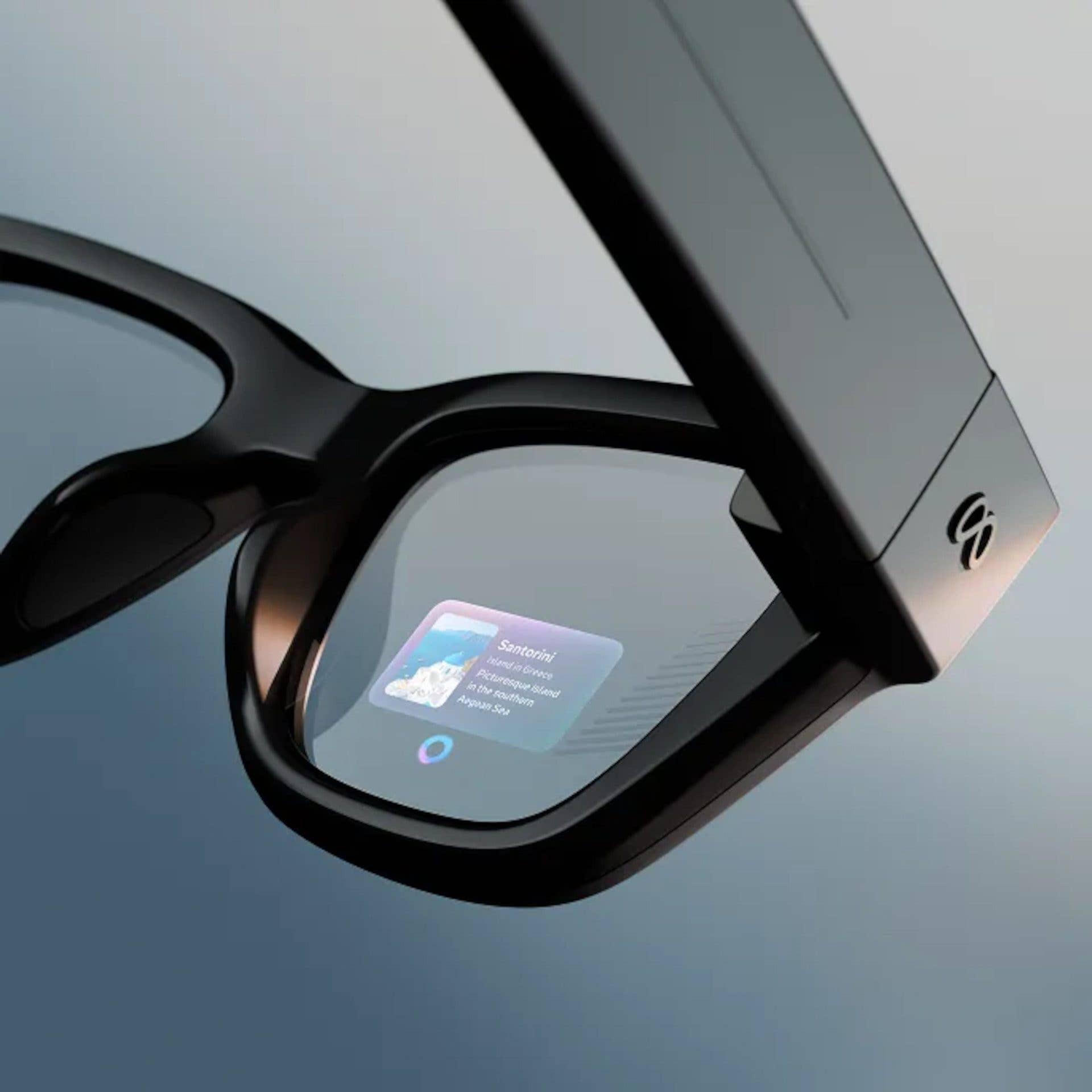 Close-up of smart glasses showing a small notification in the lens