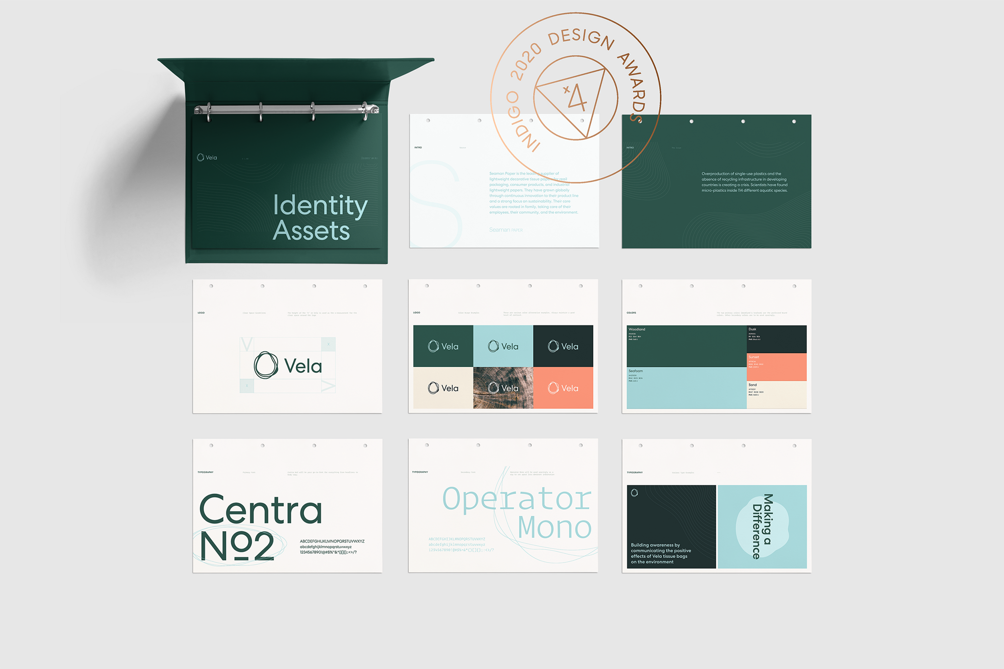 Vela brand identity guidelines spreads showing logo, colour palette and Centra No2 and Operator Mono typefaces