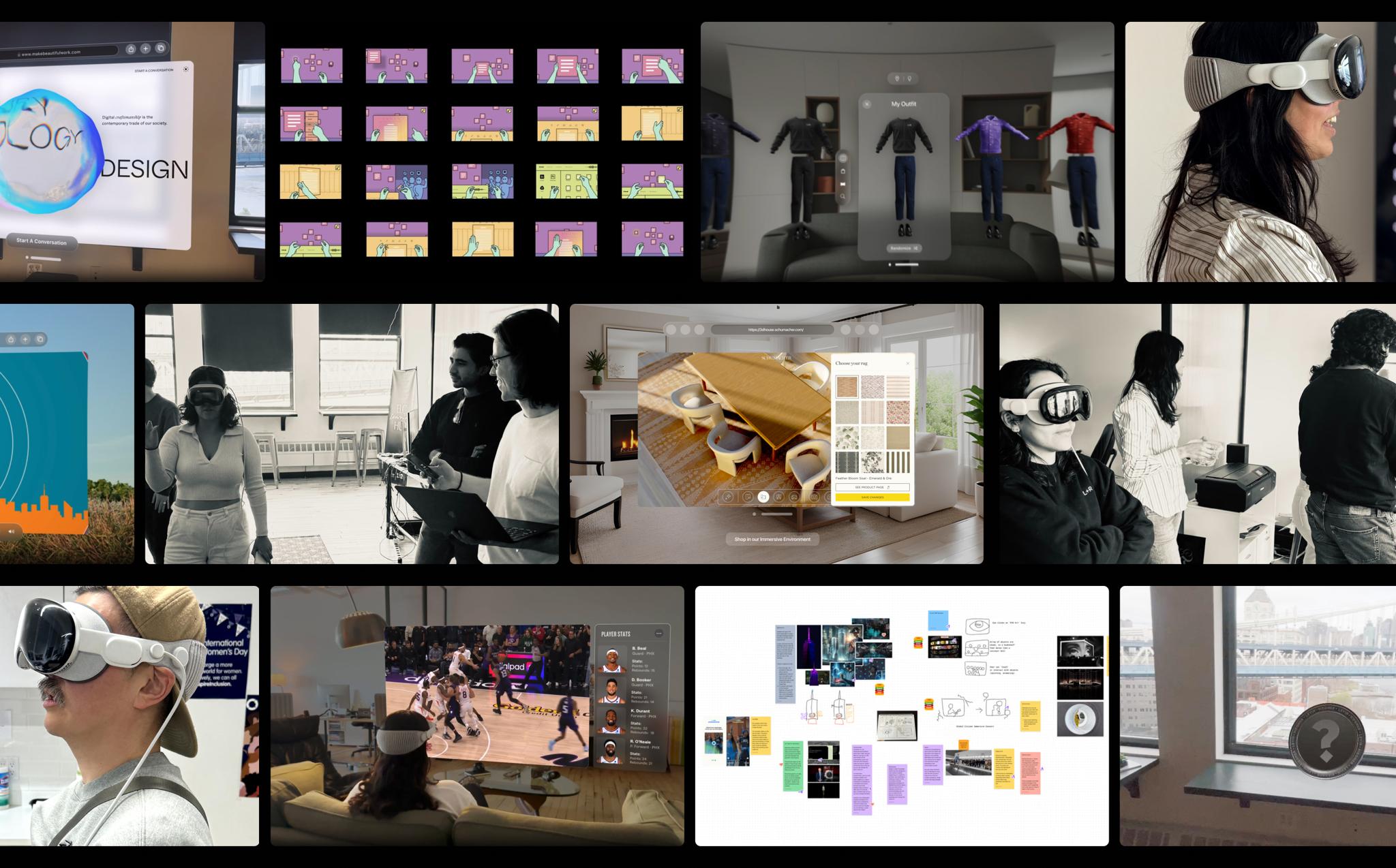 Grid of L+R accelerator work: people in Apple Vision Pro headsets, spatial app mockups and design boards