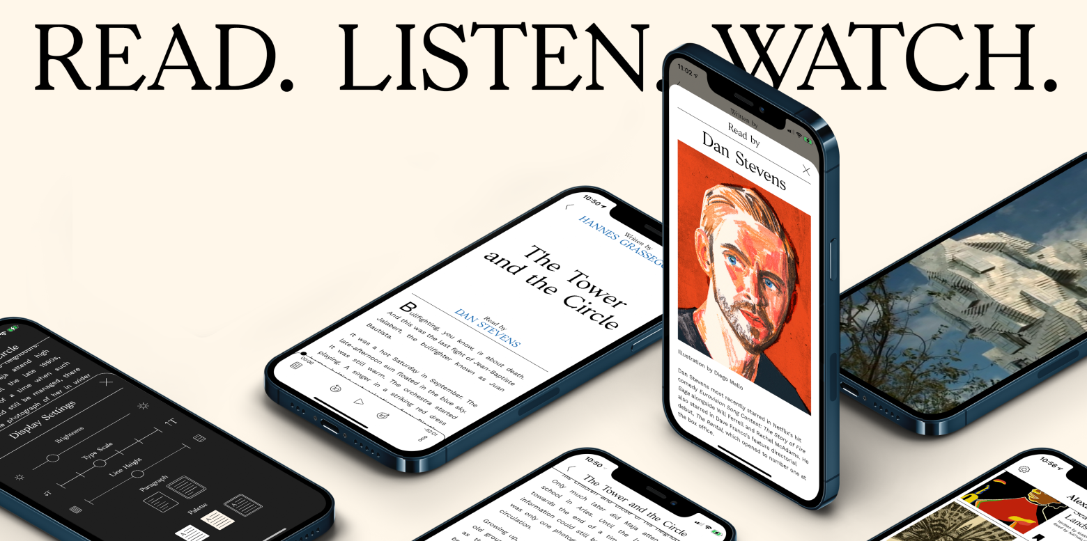 Alexander app screens under the line READ. LISTEN. WATCH., showing The Tower and the Circle read by Dan Stevens
