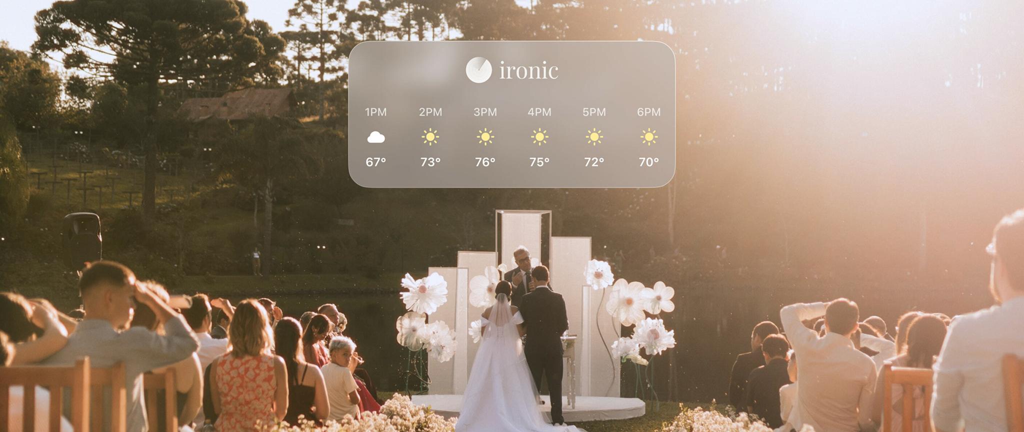 Outdoor wedding ceremony with a translucent weather forecast overlay.