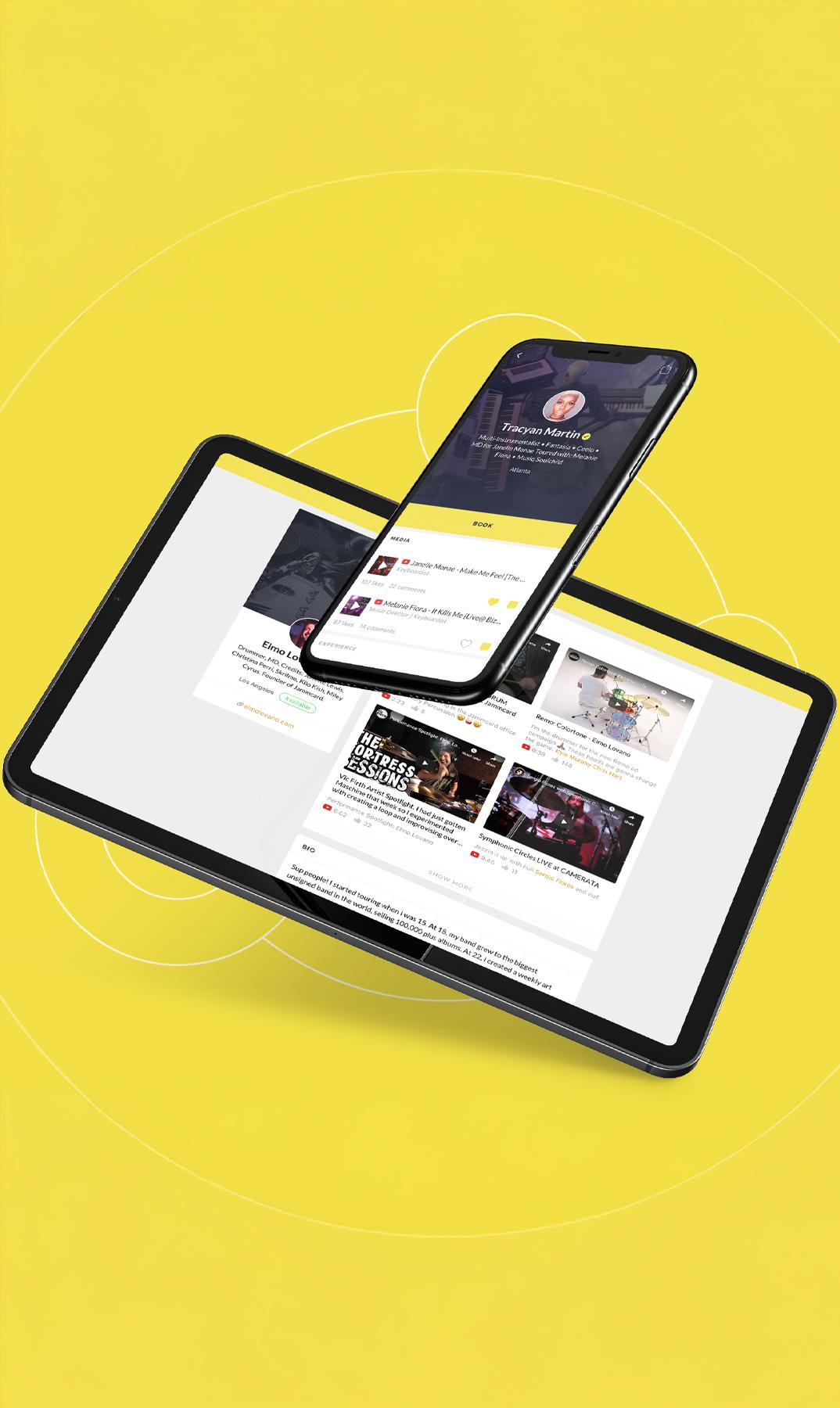 Smartphone and tablet displaying a mobile app interface on a yellow background