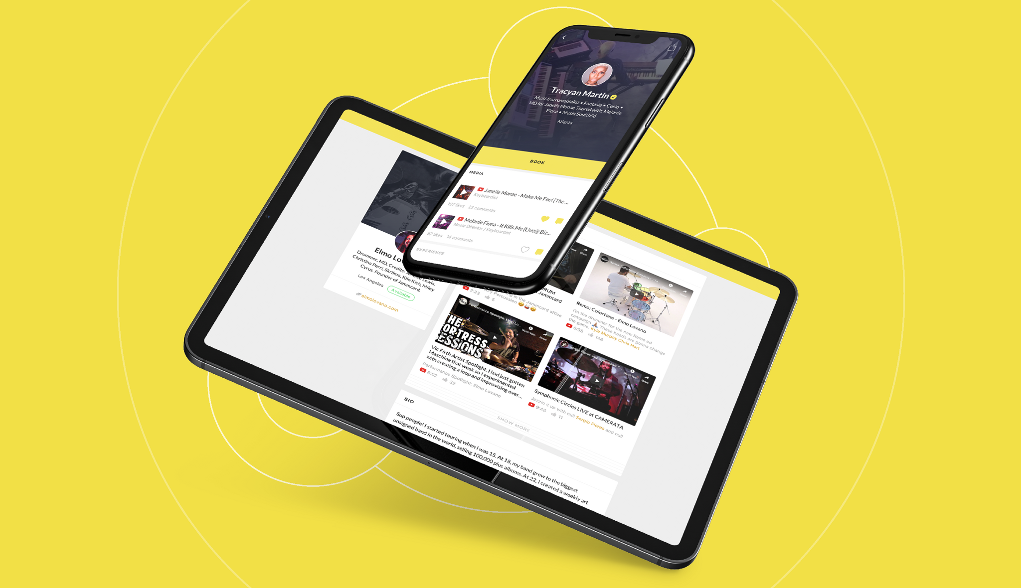 Jammcard tablet and phone mockups on yellow showing the musician feed