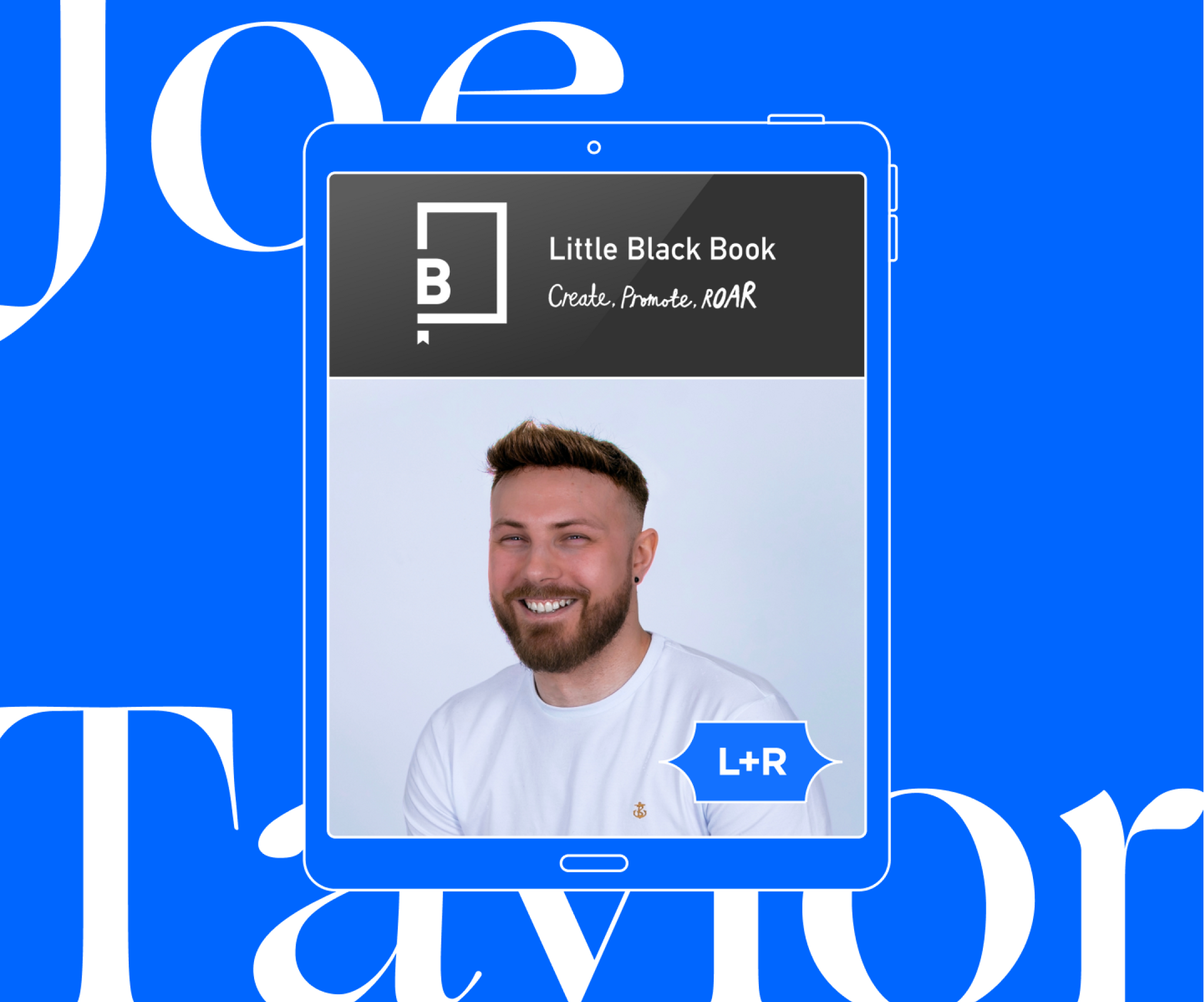 Little Black Book profile card for Joe Taylor on a blue background.