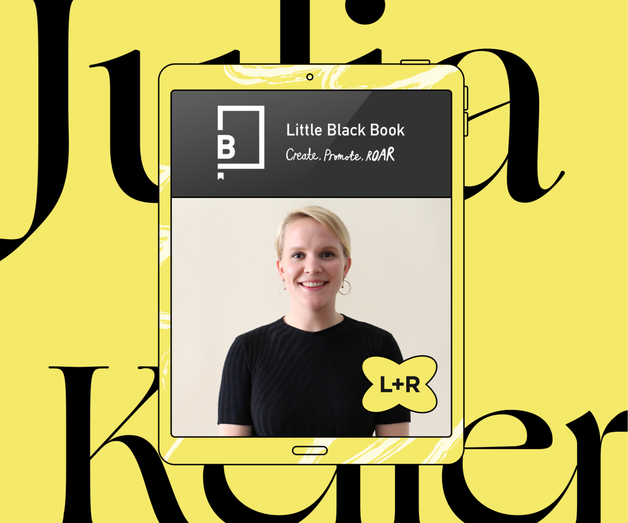 Little Black Book profile card for Julia Keller on a yellow background.