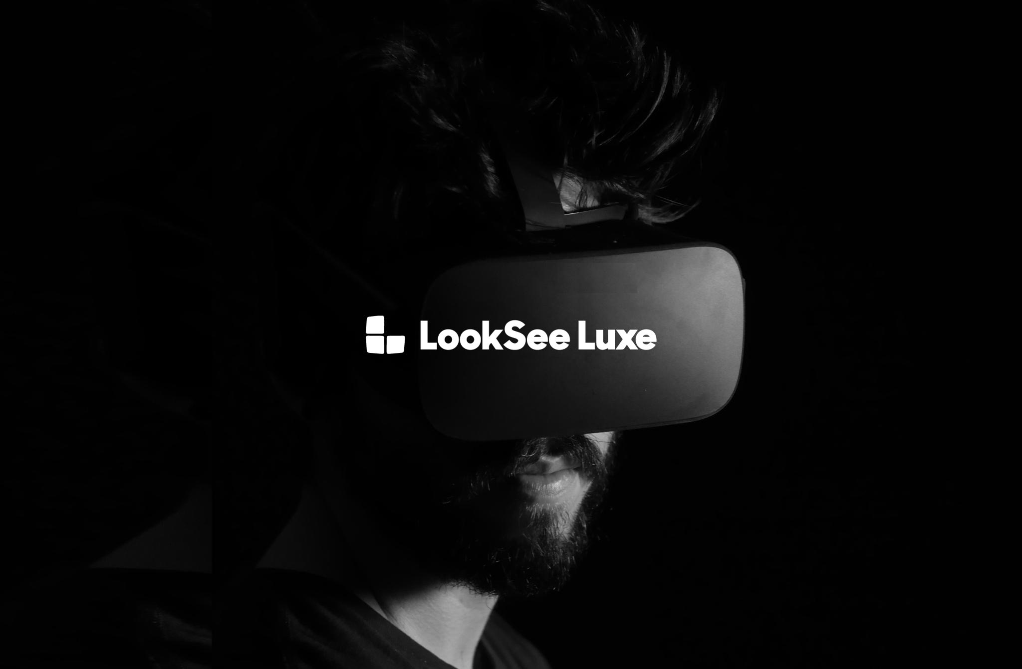 Person in a VR headset with the LookSee Luxe logo overlaid across it