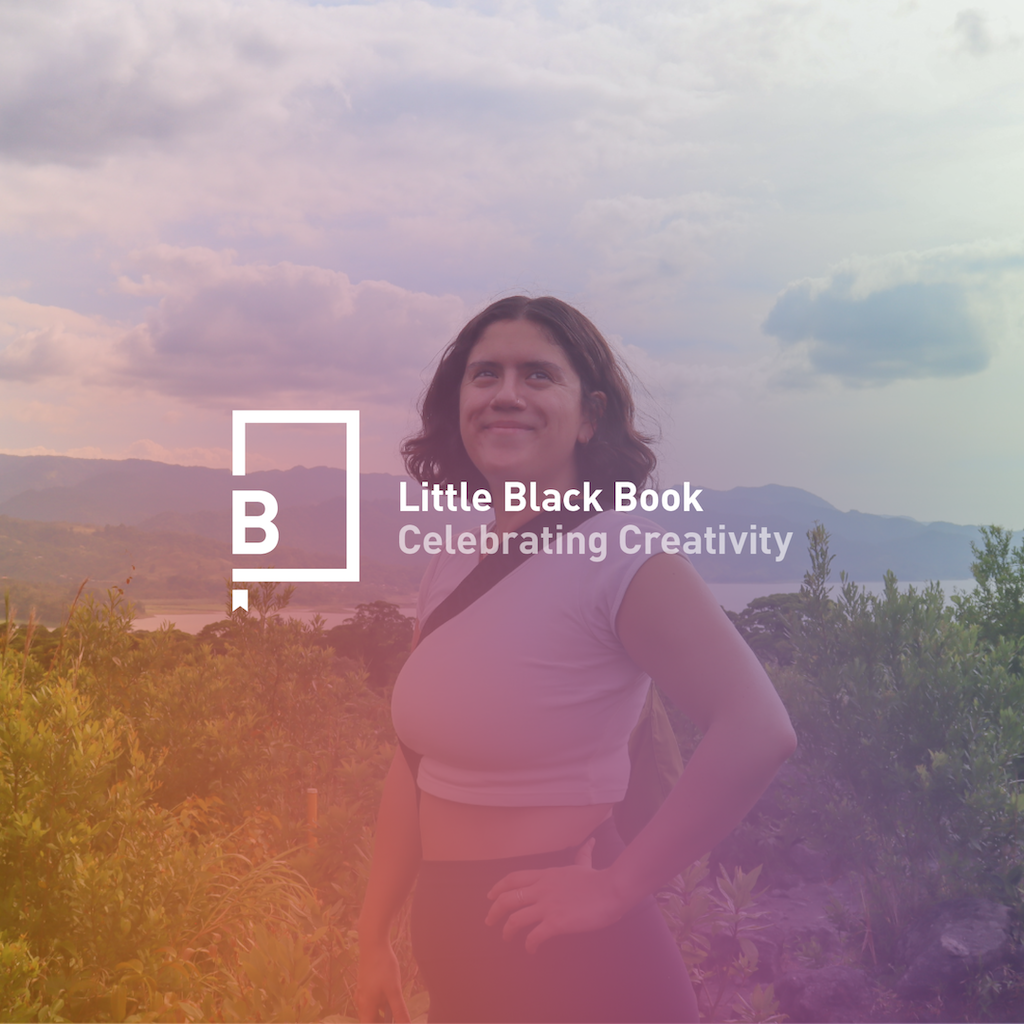 María Fernanda Quevedo on a hillside overlooking a lake, with the Little Black Book logo