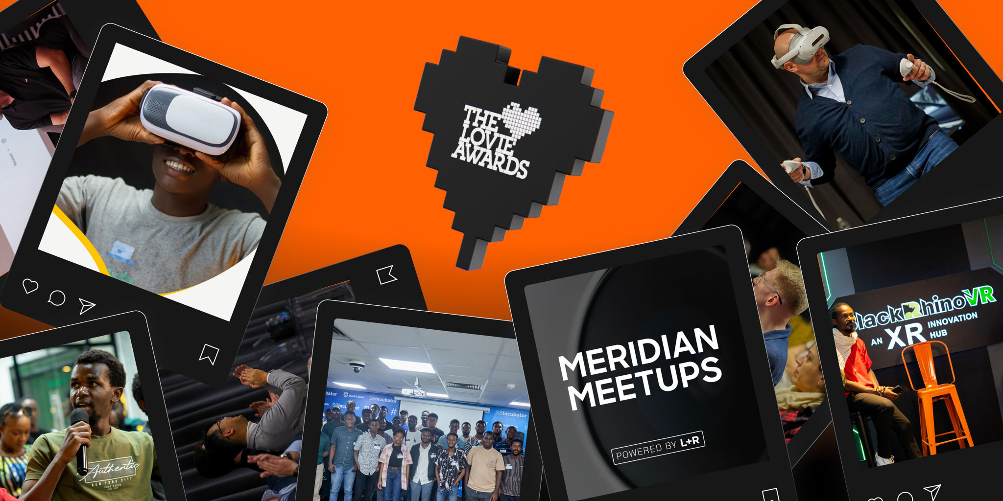 Collage of VR event photos around Meridian Meetups and The Host of Metawards logos on orange background