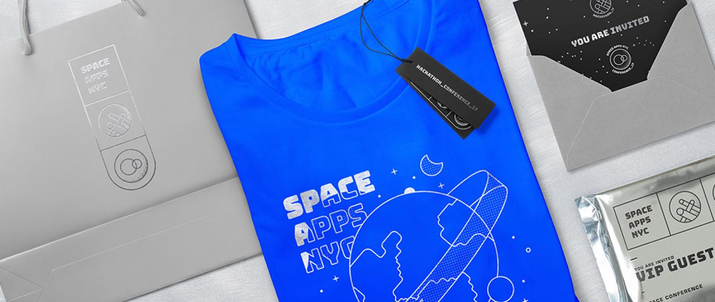 Space Apps NYC event kit: branded T-shirt, invitation, envelope and tote bag