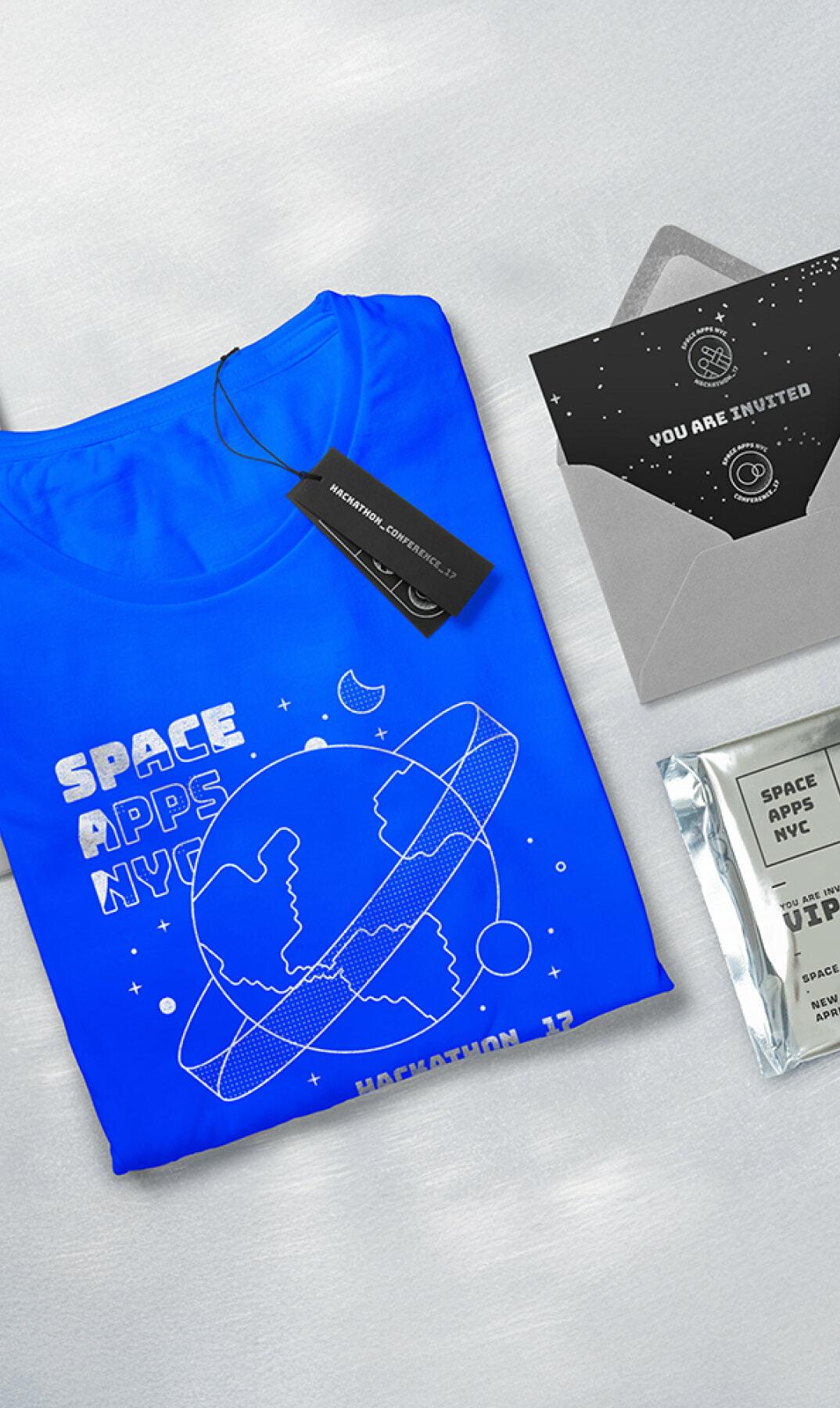 Space Apps NYC event kit: branded T-shirt, invitation, envelope and tote bag