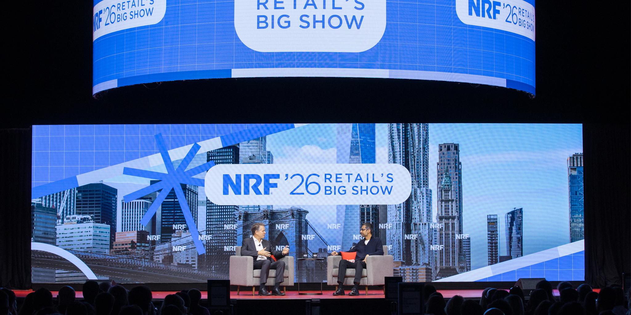 NRF 2026 Retail's Big Show panel discussion on a large stage with city skyline backdrop