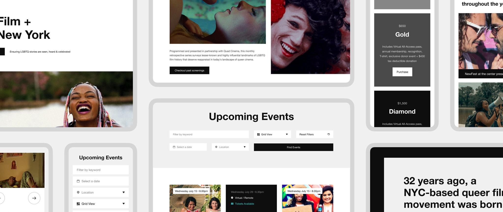 Collage of NewFest website mockups showing events, history, and membership pages