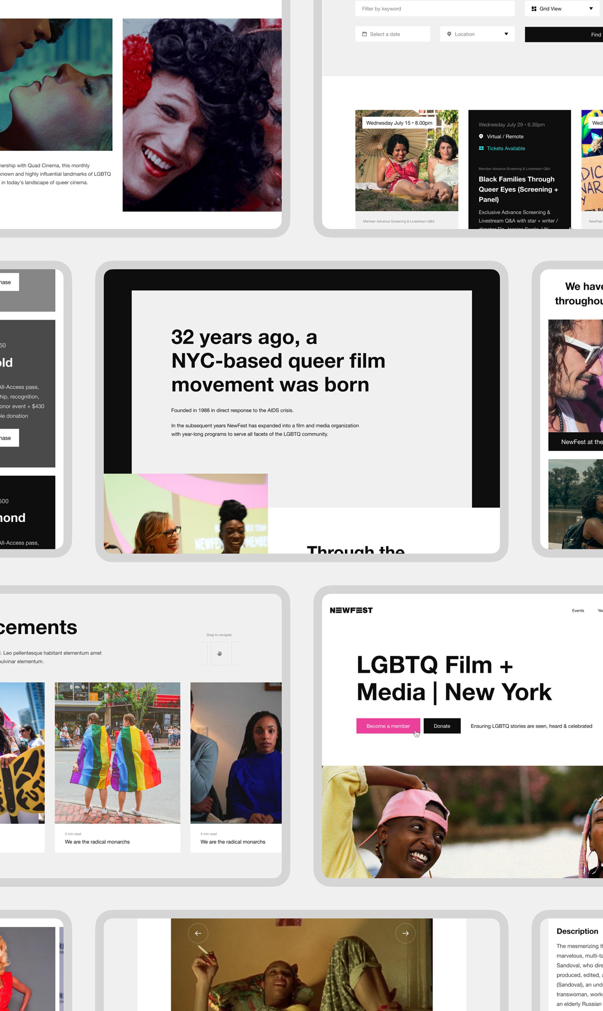 Collage of NewFest website mockups showing events, history, and membership pages