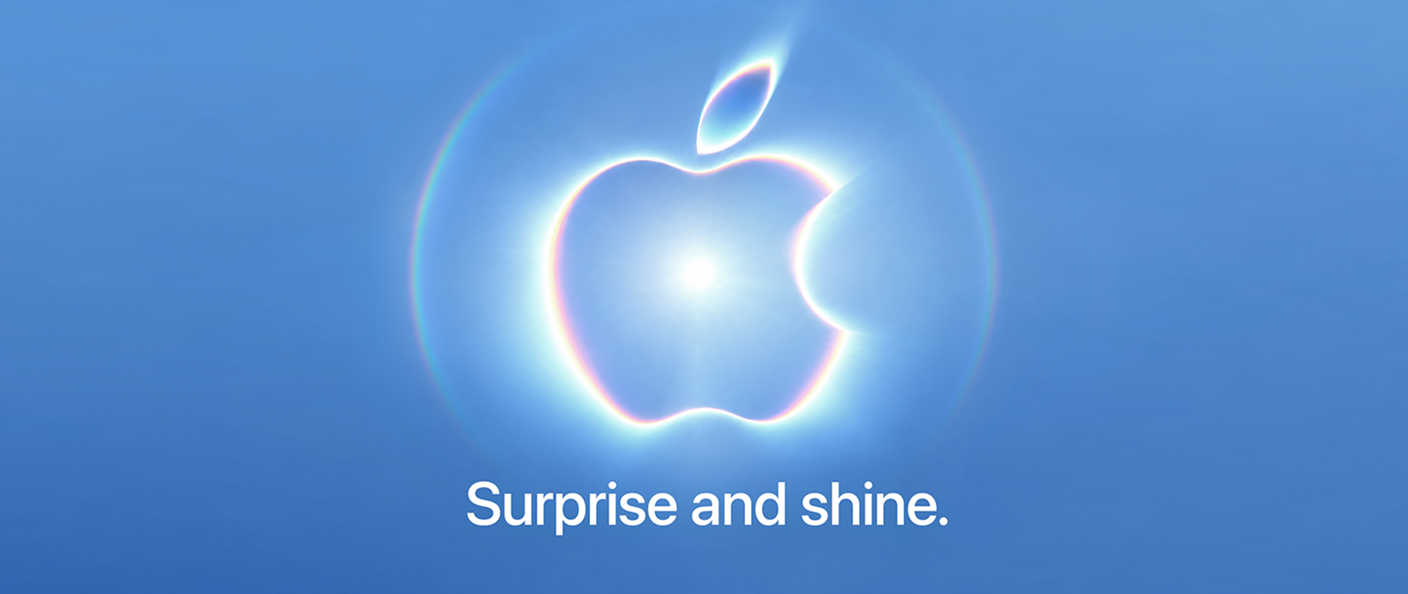 Glowing Apple logo on a blue background with the words Surprise and shine.