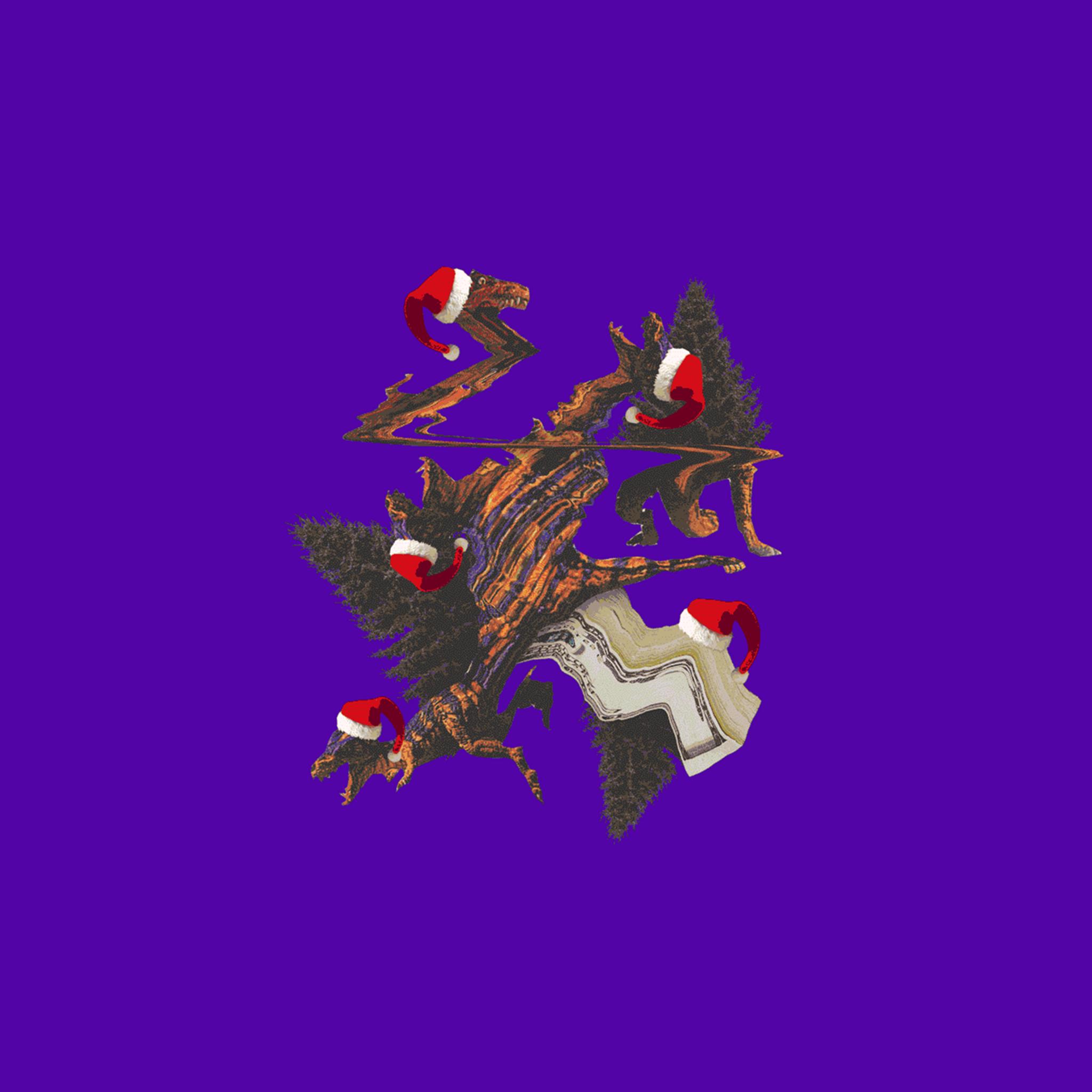 Glitched collage of dinosaurs and evergreen trees in Santa hats on a purple field