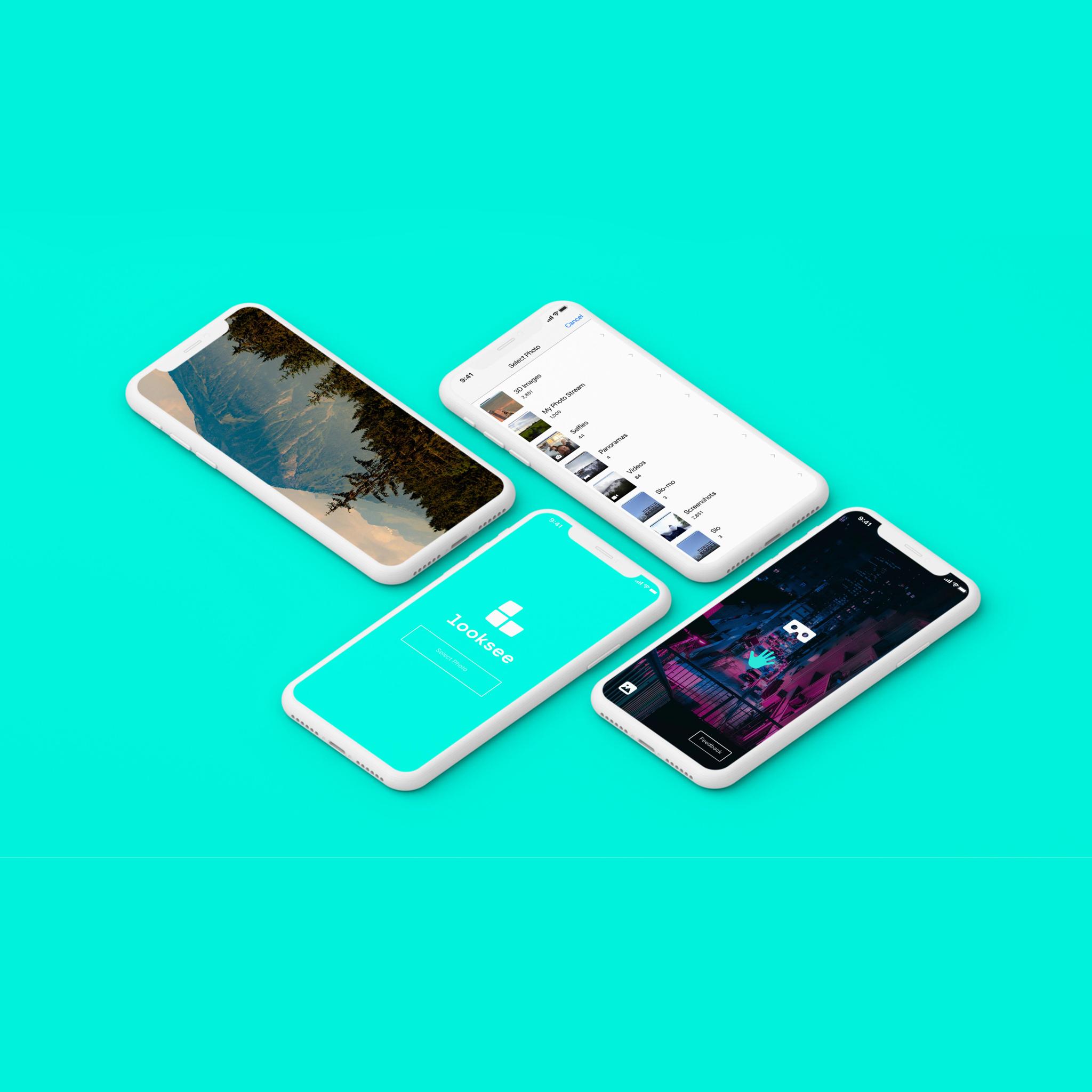 Four smartphone mockups on a turquoise background with app and lock screens