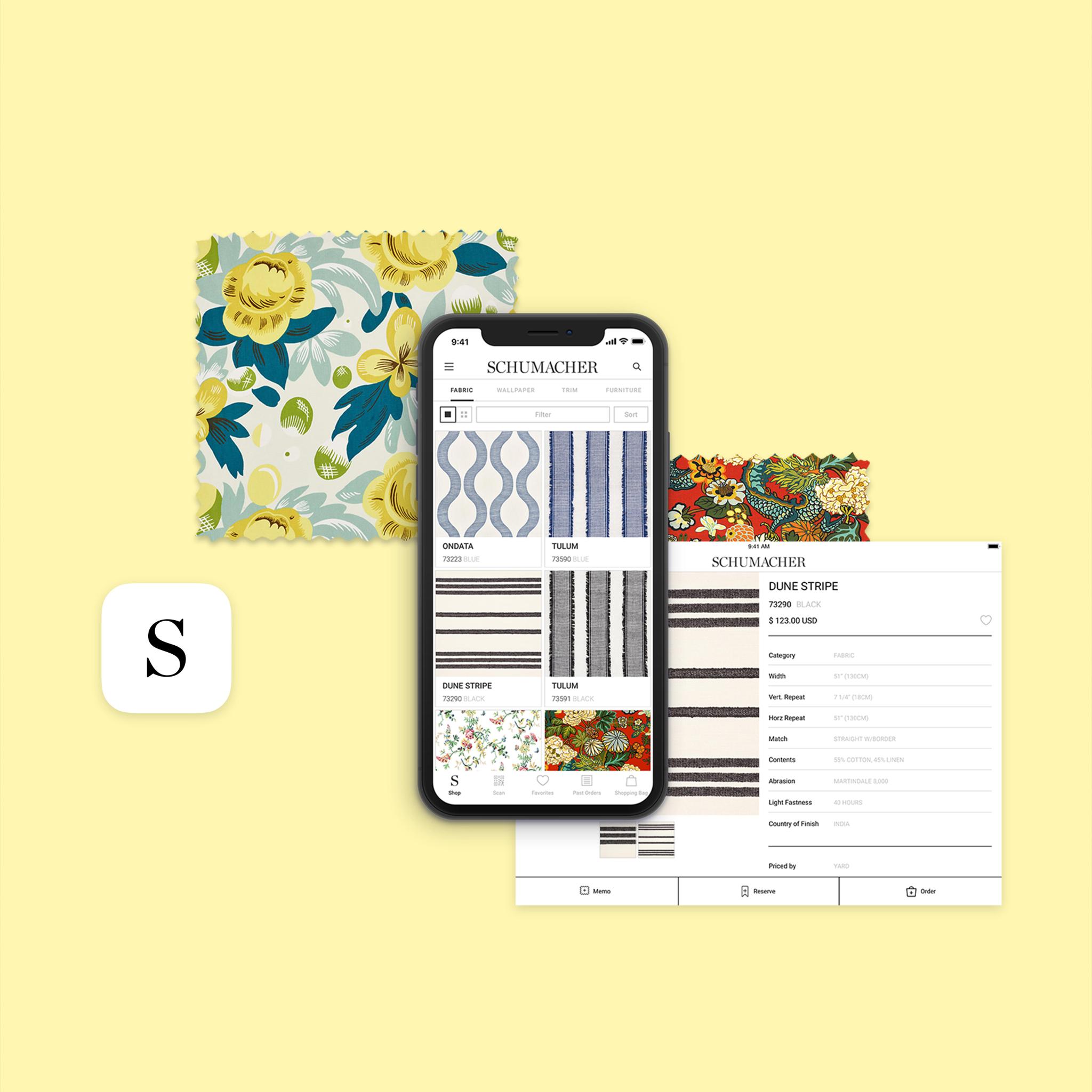 Schumacher app browsing fabric swatches, with a Dune Stripe detail view on tablet