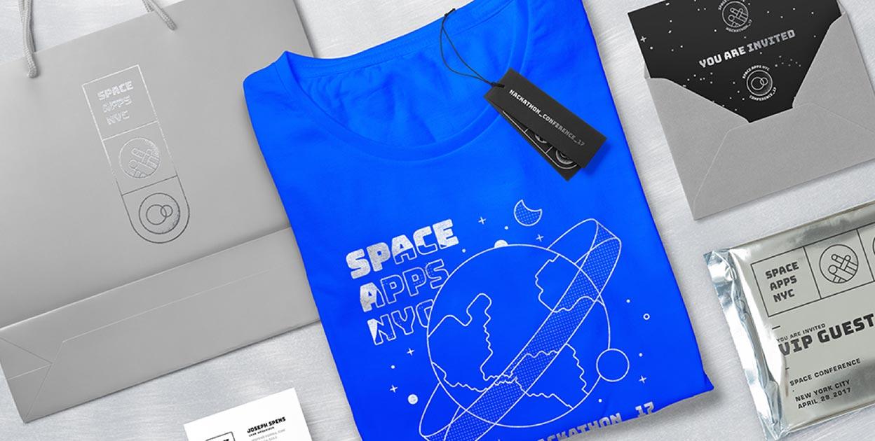 Space Apps NYC hackathon T-shirt with its tote bag, invitation and VIP guest pass
