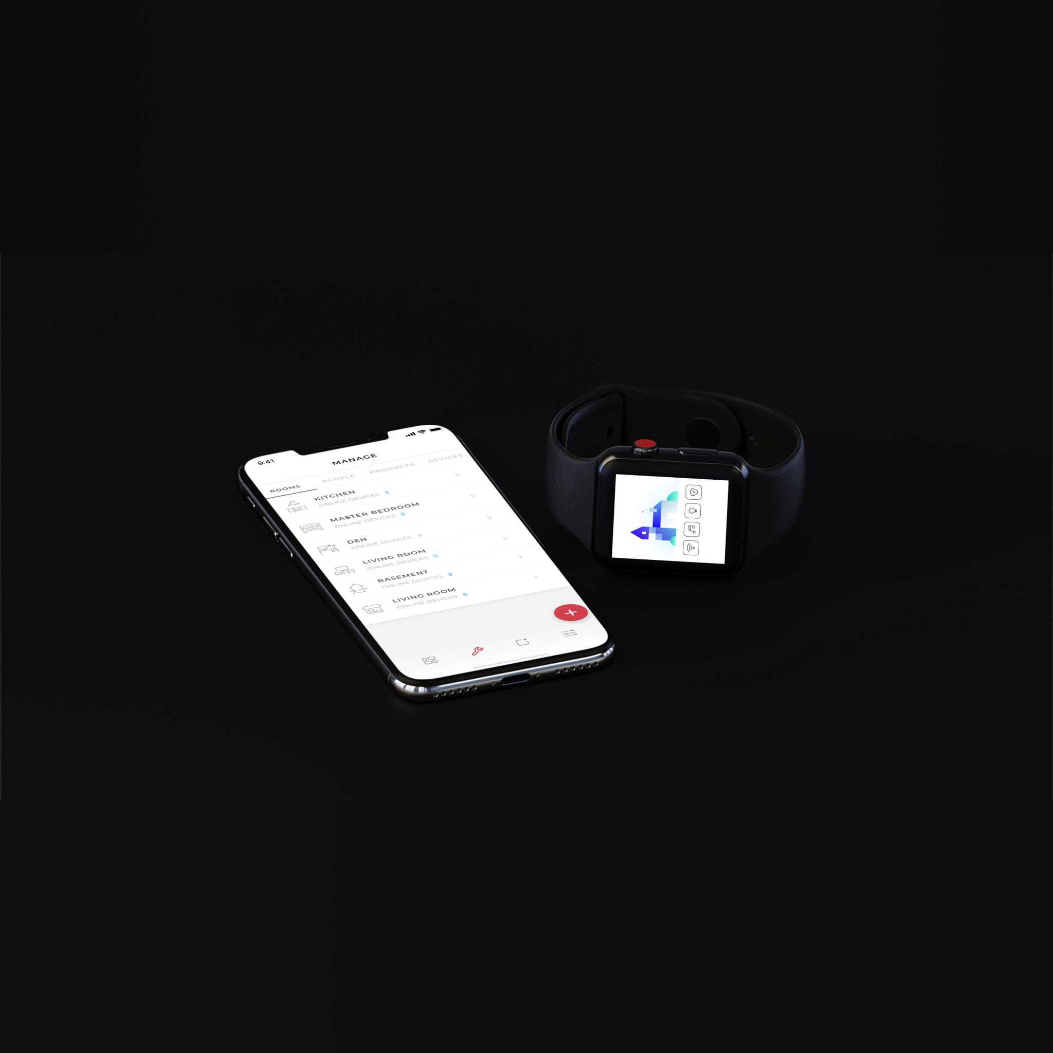 Smart home app on a phone listing rooms and connected devices, with a paired smartwatch