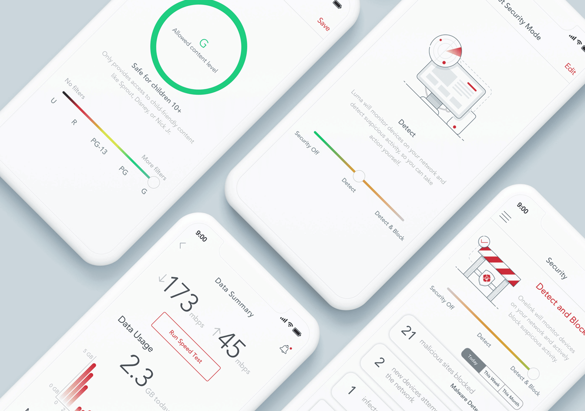 Angled phone screens showing home network parental controls, security modes and data usage