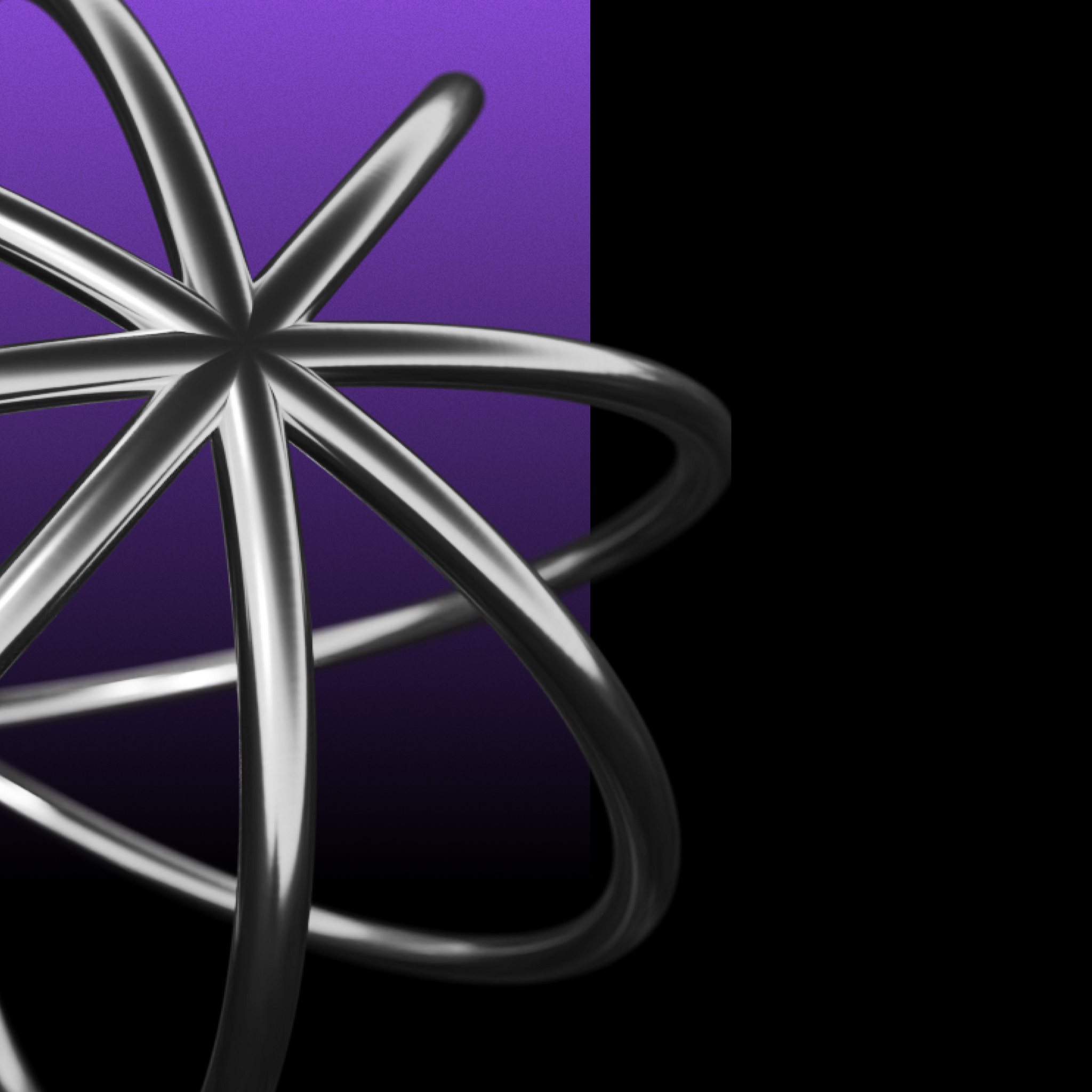 Chrome atom-like rings against purple and black