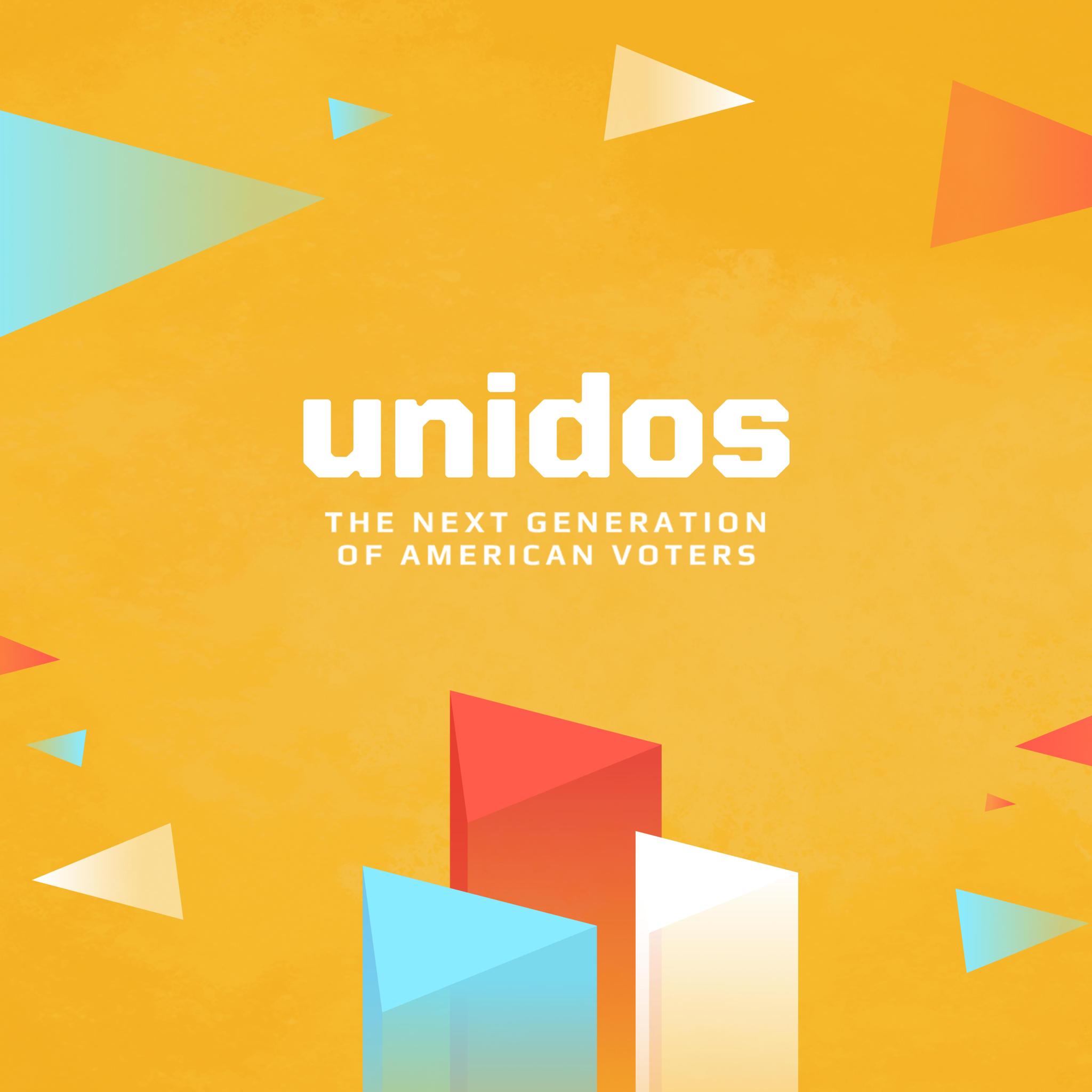 Unidos key art: "The Next Generation of American Voters" over yellow geometric shapes