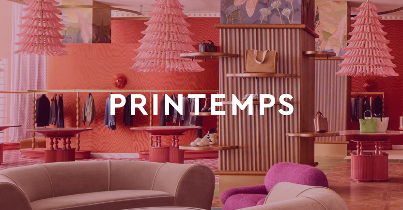 PRINTEMPS wordmark over a pink luxury retail interior