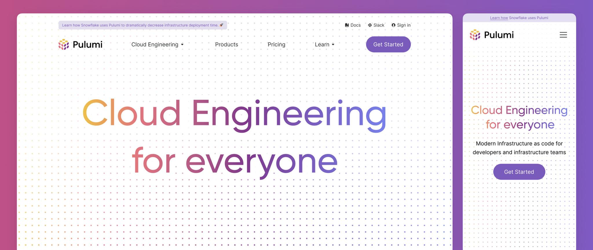 Pulumi desktop and mobile homepage mockups with the Cloud Engineering for everyone headline