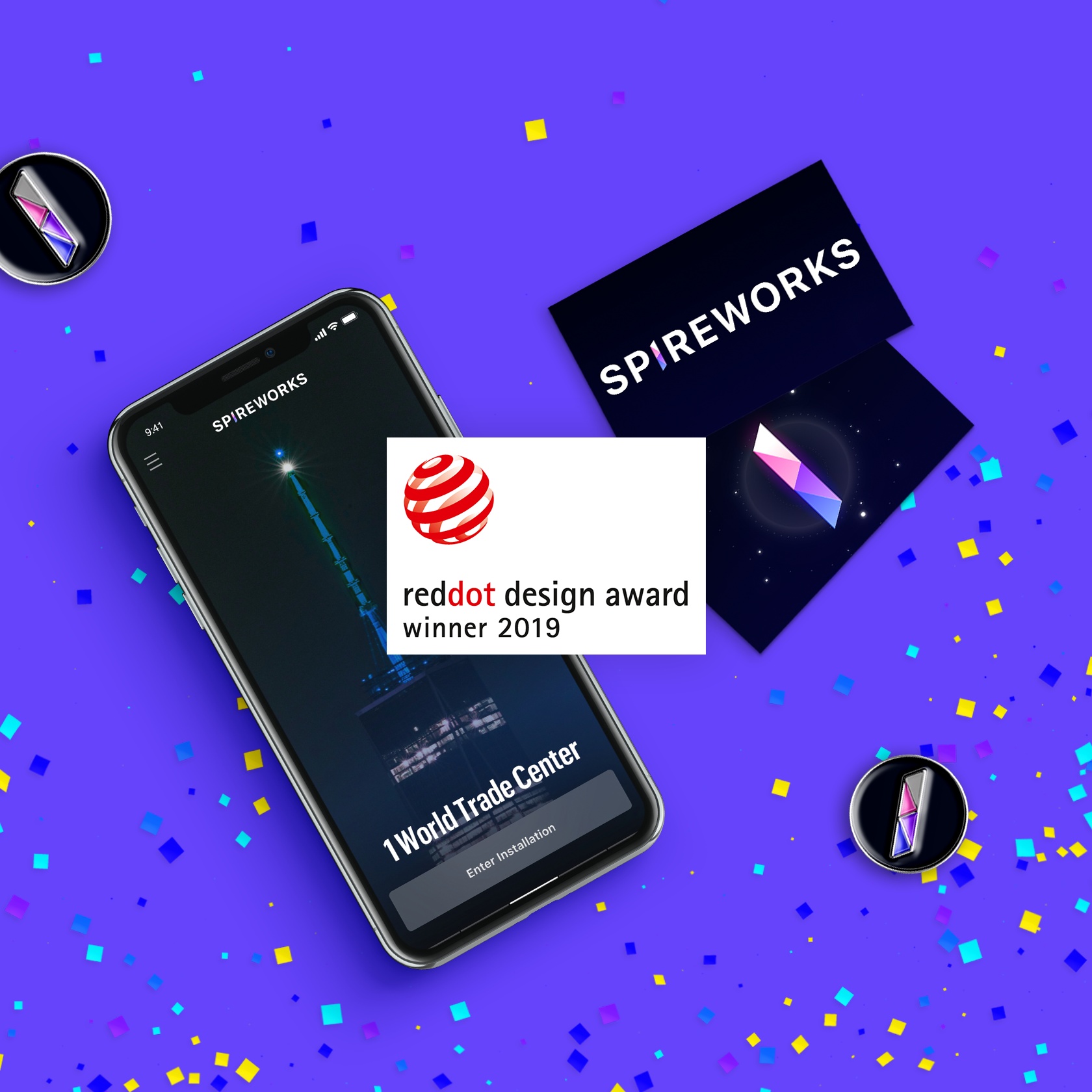Spireworks app on a phone with the Red Dot Design Award winner 2019 badge and brand cards