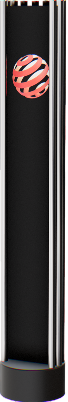 Black cylindrical trophy with a red striped sphere logo