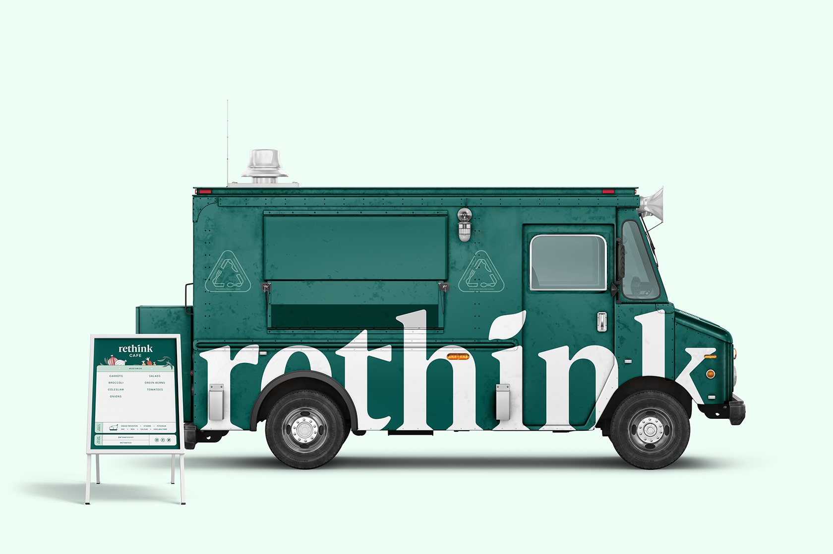 Green rethink food truck with a sidewalk menu board