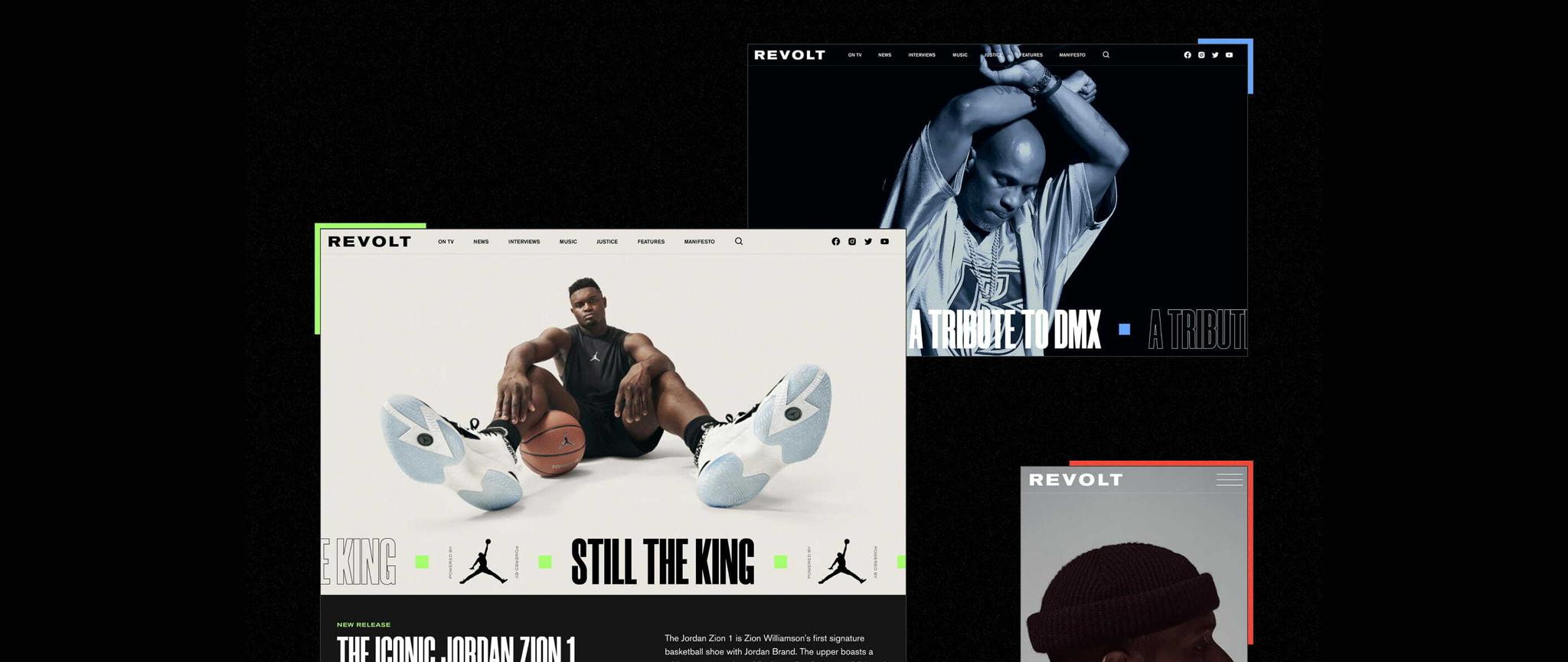 Overlapping REVOLT webpage mockups with sports, DMX tribute, and profile layouts