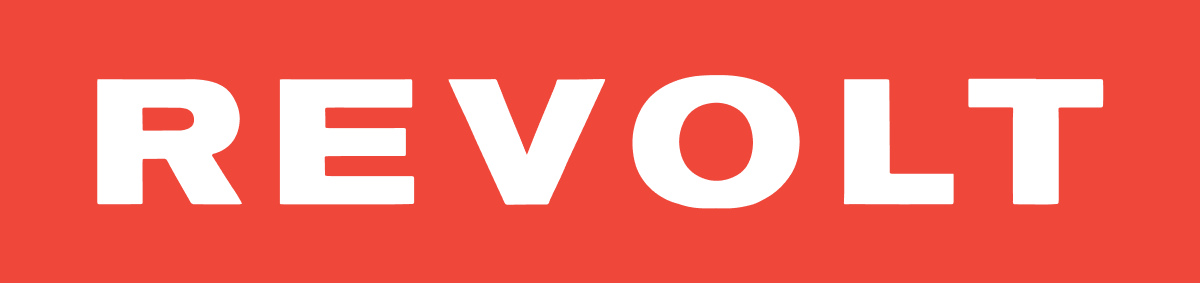 Black REVOLT logo on a red background
