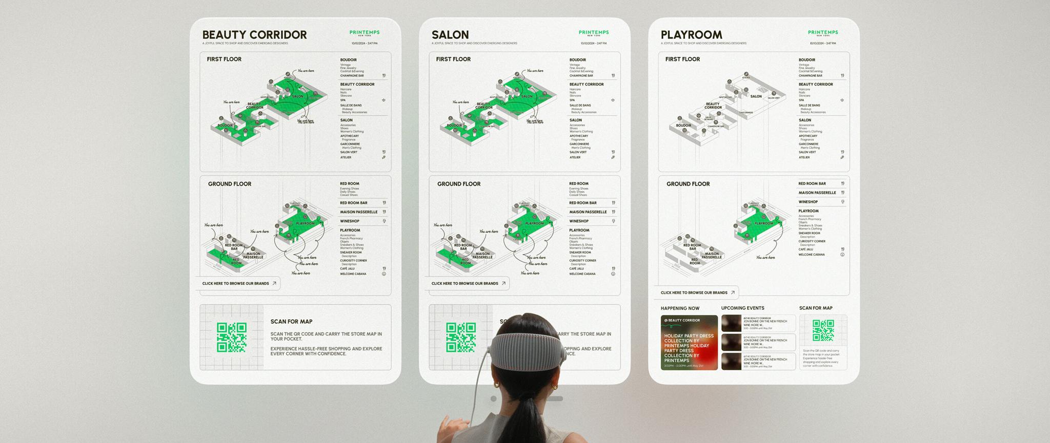 Person in a Vision Pro headset facing floating Beauty Corridor, Salon and Playroom store maps.