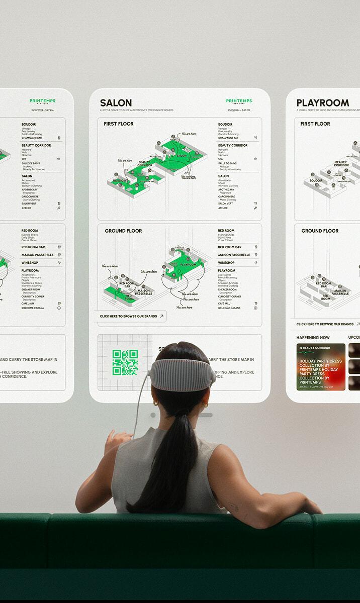 Person in a Vision Pro headset facing floating Beauty Corridor, Salon and Playroom store maps.
