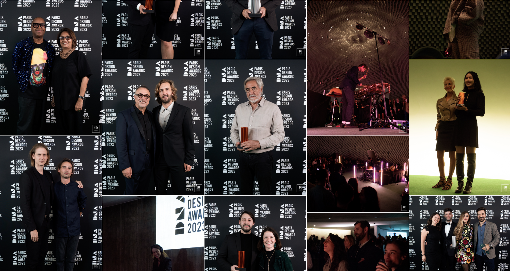 Collage of winners and performances on the Paris Design Awards 2023 step-and-repeat.