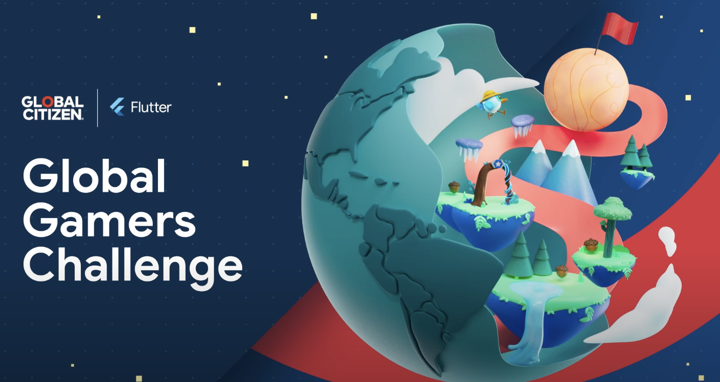 Global Gamers Challenge key art, a stylised globe with game levels, badged Global Citizen and Flutter
