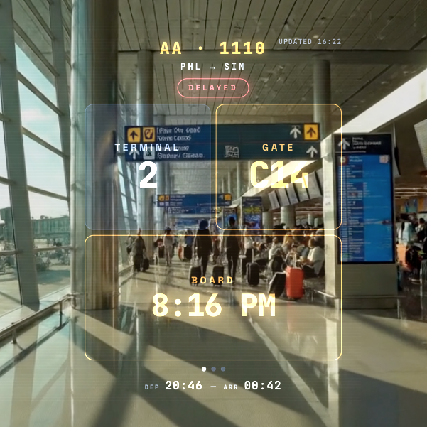 Flight status overlay on an airport terminal scene.
