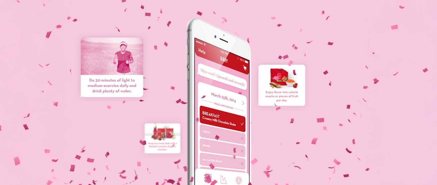 Smartphone app with red and pink promotional cards surrounded by falling confetti on a pink background
