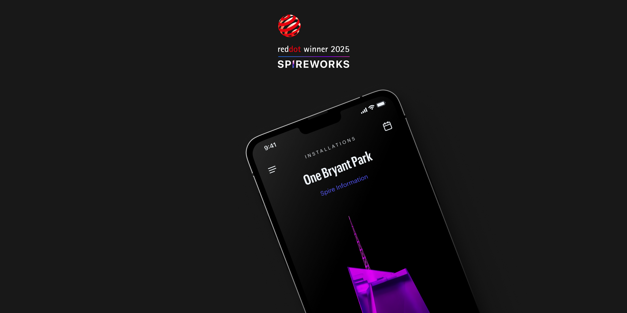 Spireworks app showing the One Bryant Park installation, under a Red Dot winner 2025 mark.