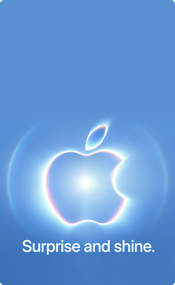 Glowing Apple logo on a blue background with the words Surprise and shine.